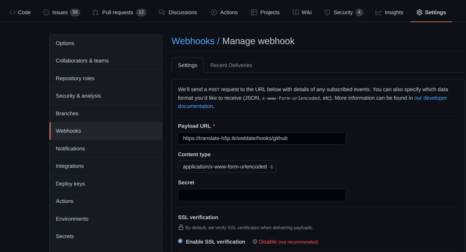 Screenshot showing how to set up webhooks in GitHub